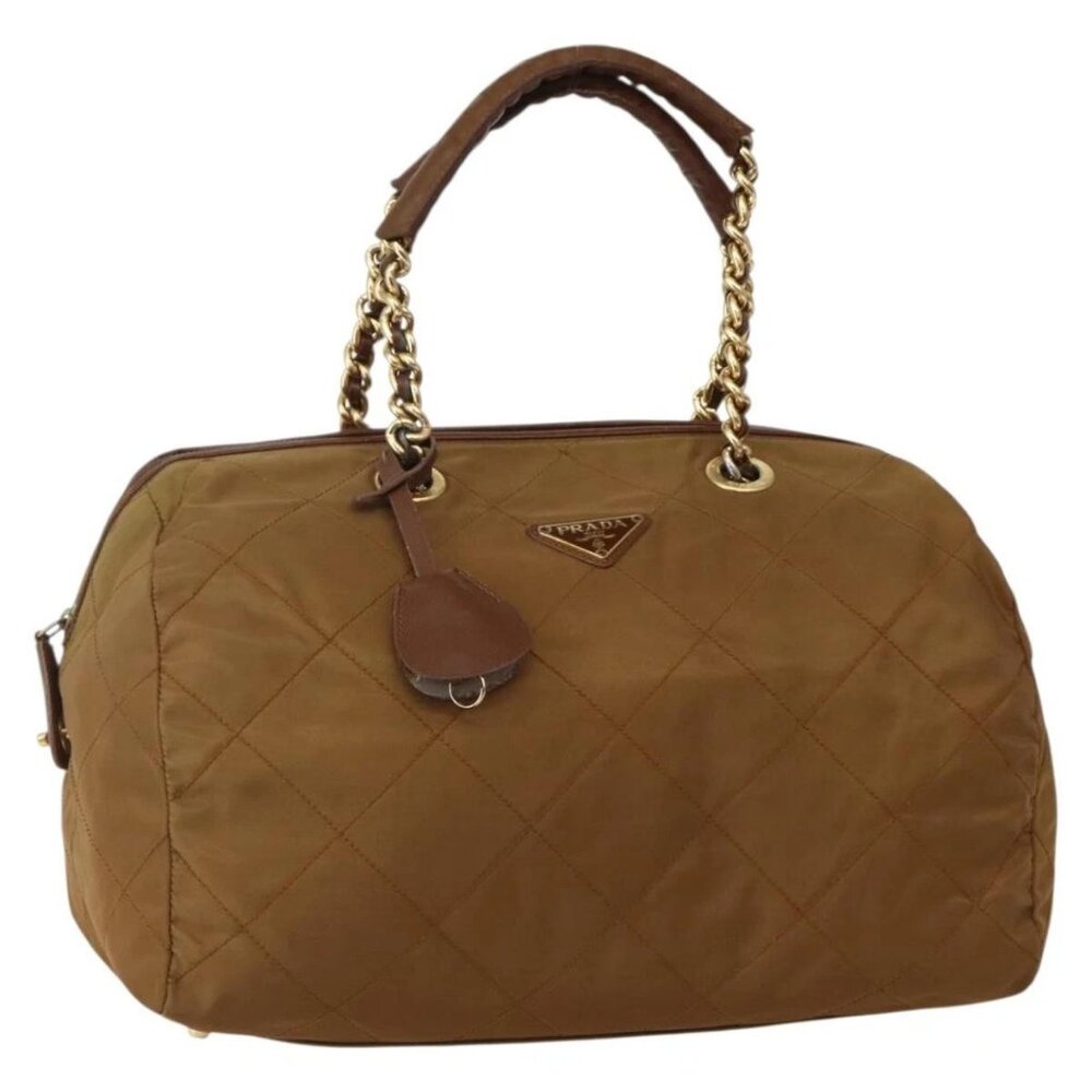 PRADA Chain Hand Bag Nylon Brown Gold Auth 142074